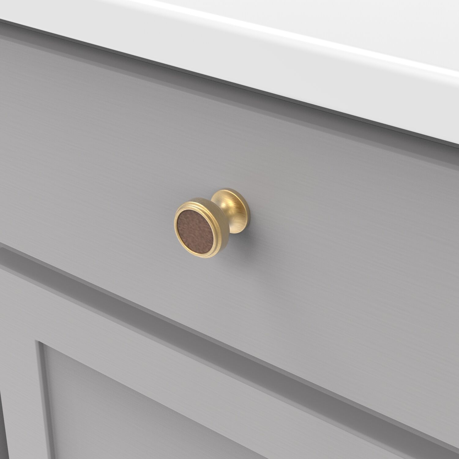Belwith Keeler 1-1/4 Inch Diameter Reserve Round Knob - Brushed Golden Brass with Brown Leather