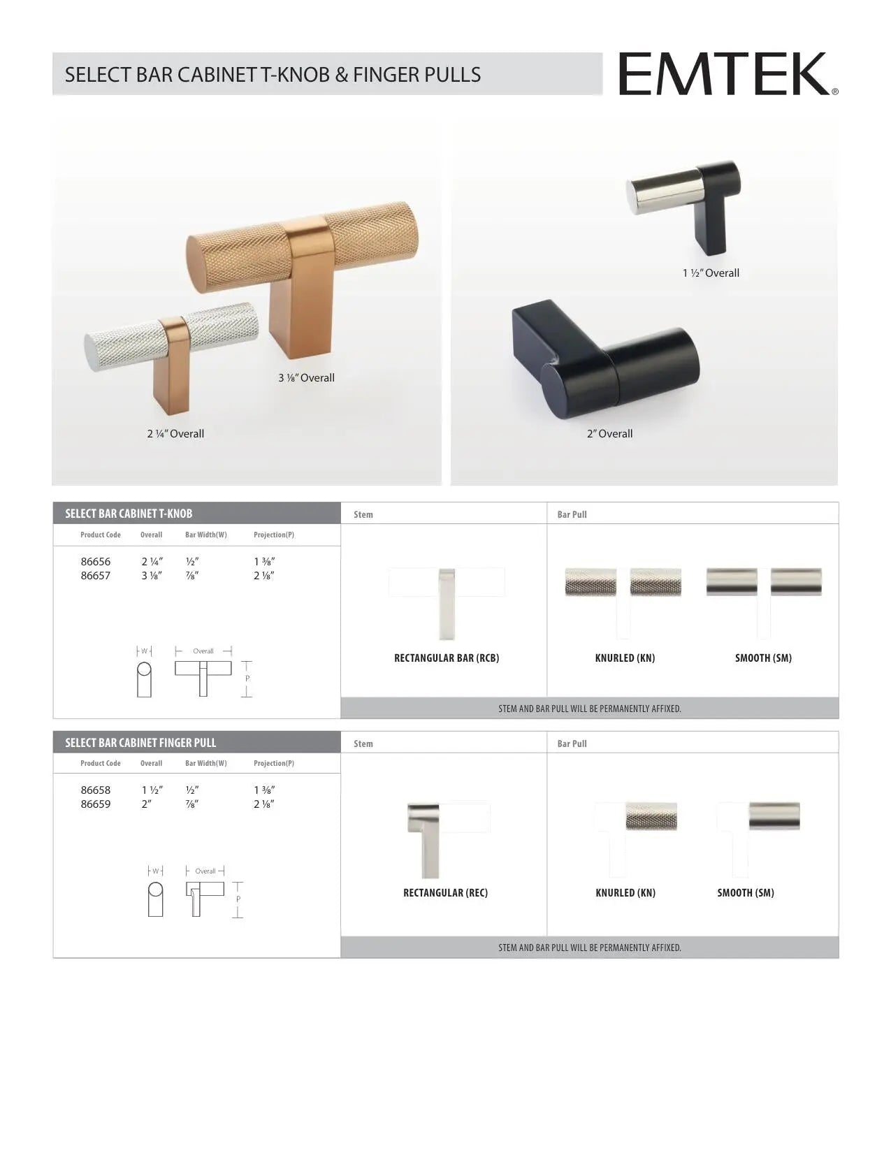 Emtek Select Bar Smooth Cabinet T-Knob - Hentell