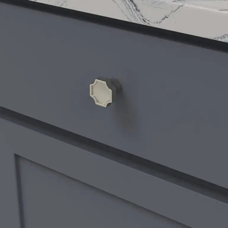 Belwith Keller Monarch Knob in brushed metallic finish on modern cabinet