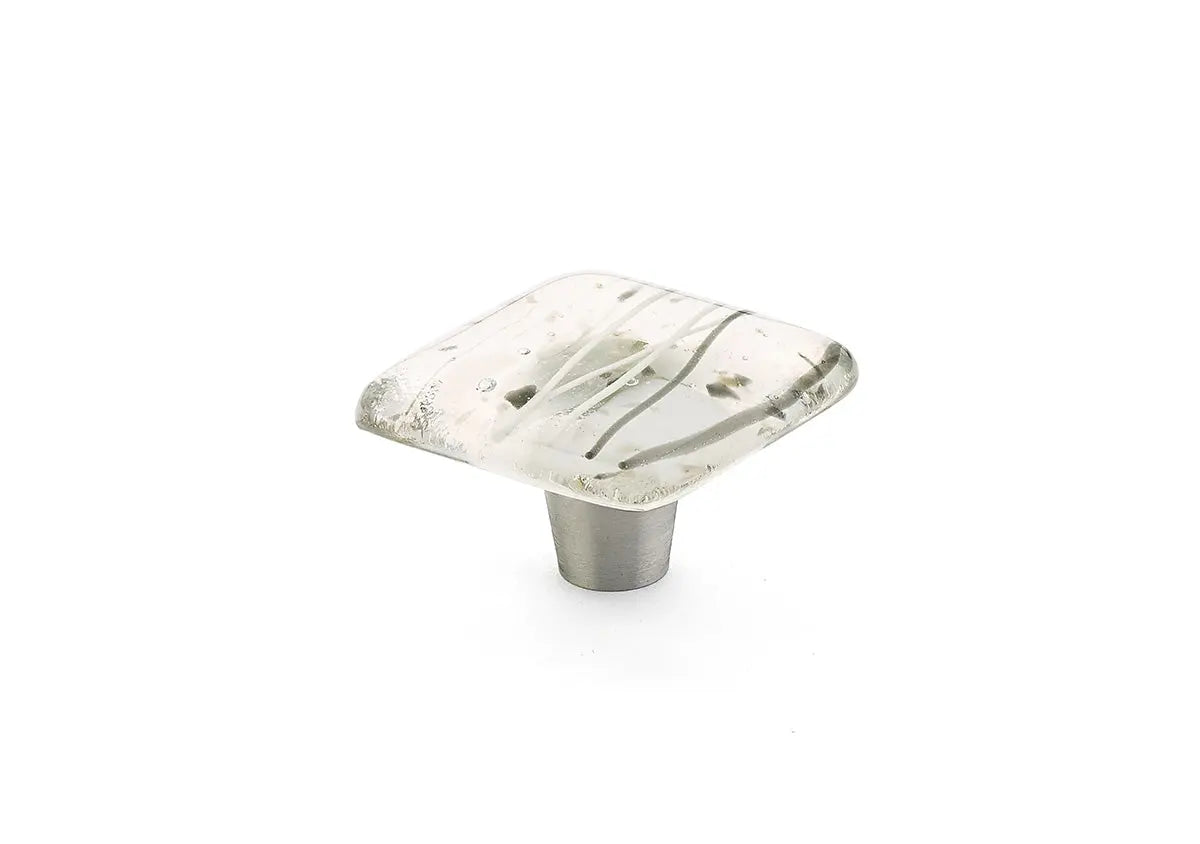 Schaub Ice, Knob, Glass, Square, Confetti White Grey, 1-1/2" dia Schaub Hentell Schaub