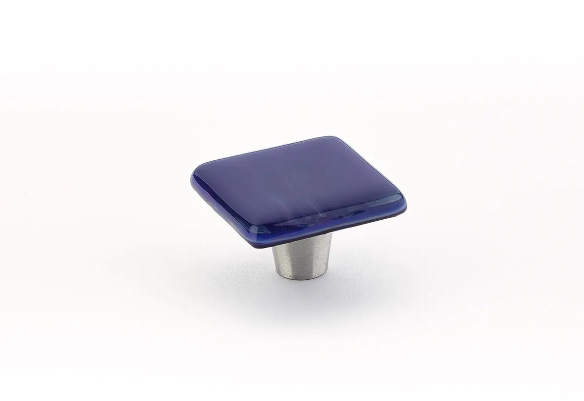 Schaub Ice, Knob, Glass, Square, Sapphire Silk, 1-1/2" dia. Schaub Hentell Schaub