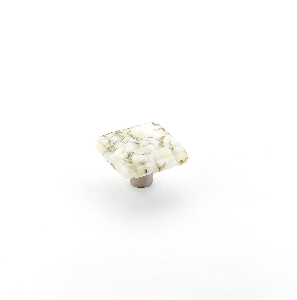 Schaub Ice, Knob, Glass, Square, White Lace Pebbles, 1-1/2" dia.