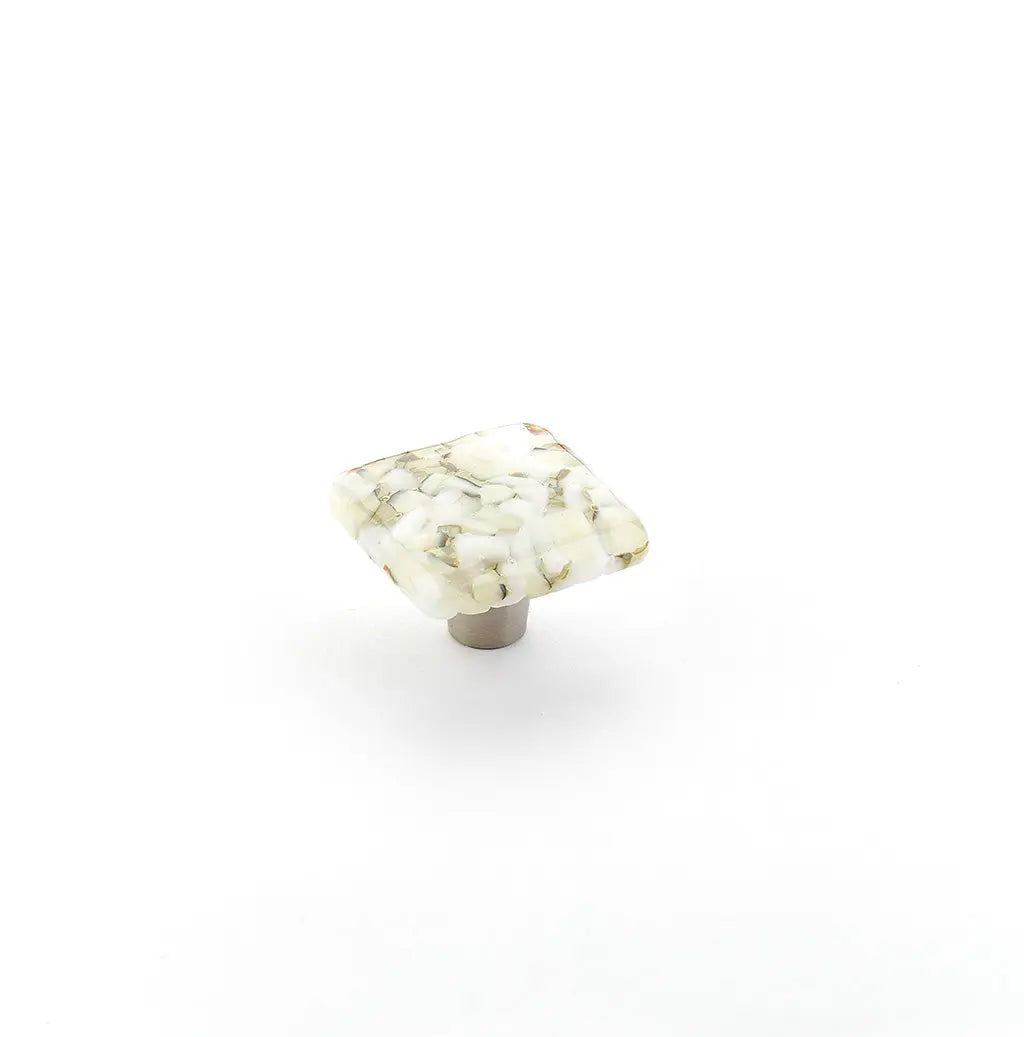 Schaub Ice, Knob, Glass, Square, White Lace Pebbles, 1-1/2" dia. Schaub Hentell Schaub