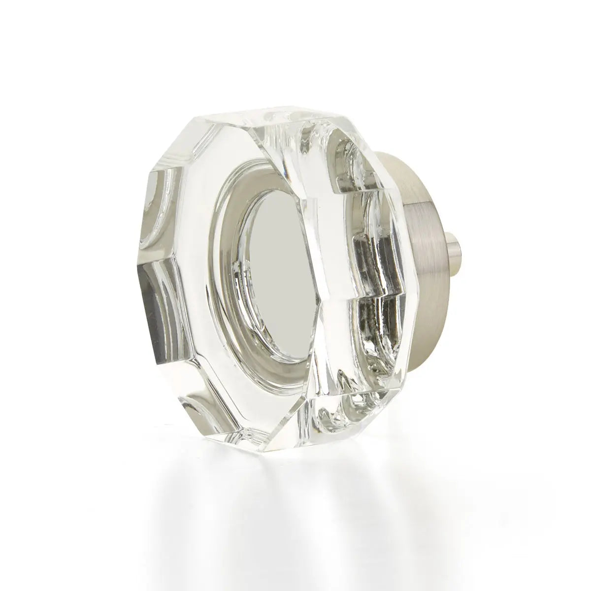 Schaub City Lights, Large Round Multi-Sided Glass knob with brass base in Satin Nickel Schaub Hentell Schaub