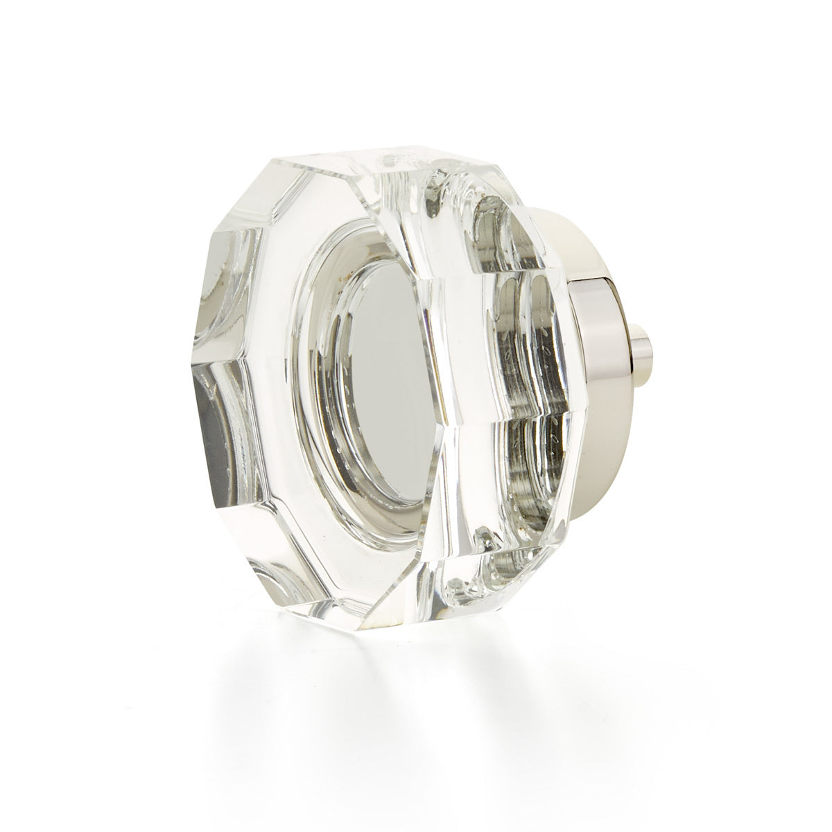 Schaub City Lights, Large Round Multi-Sided Glass knob with brass base in Polished Nickel