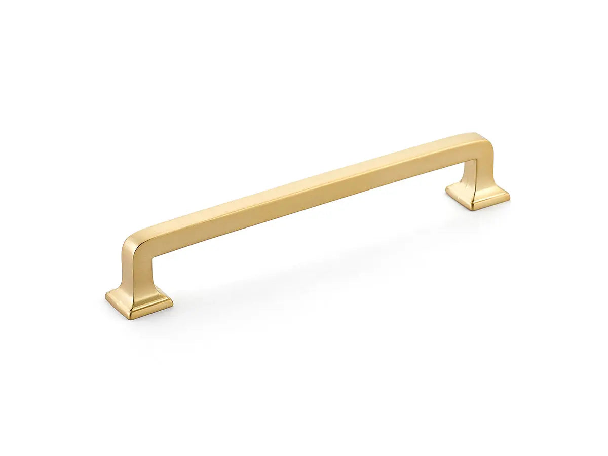 Schaub Menlo Park, Pull, Signature Satin Brass, 6" cc Schaub Hentell Schaub