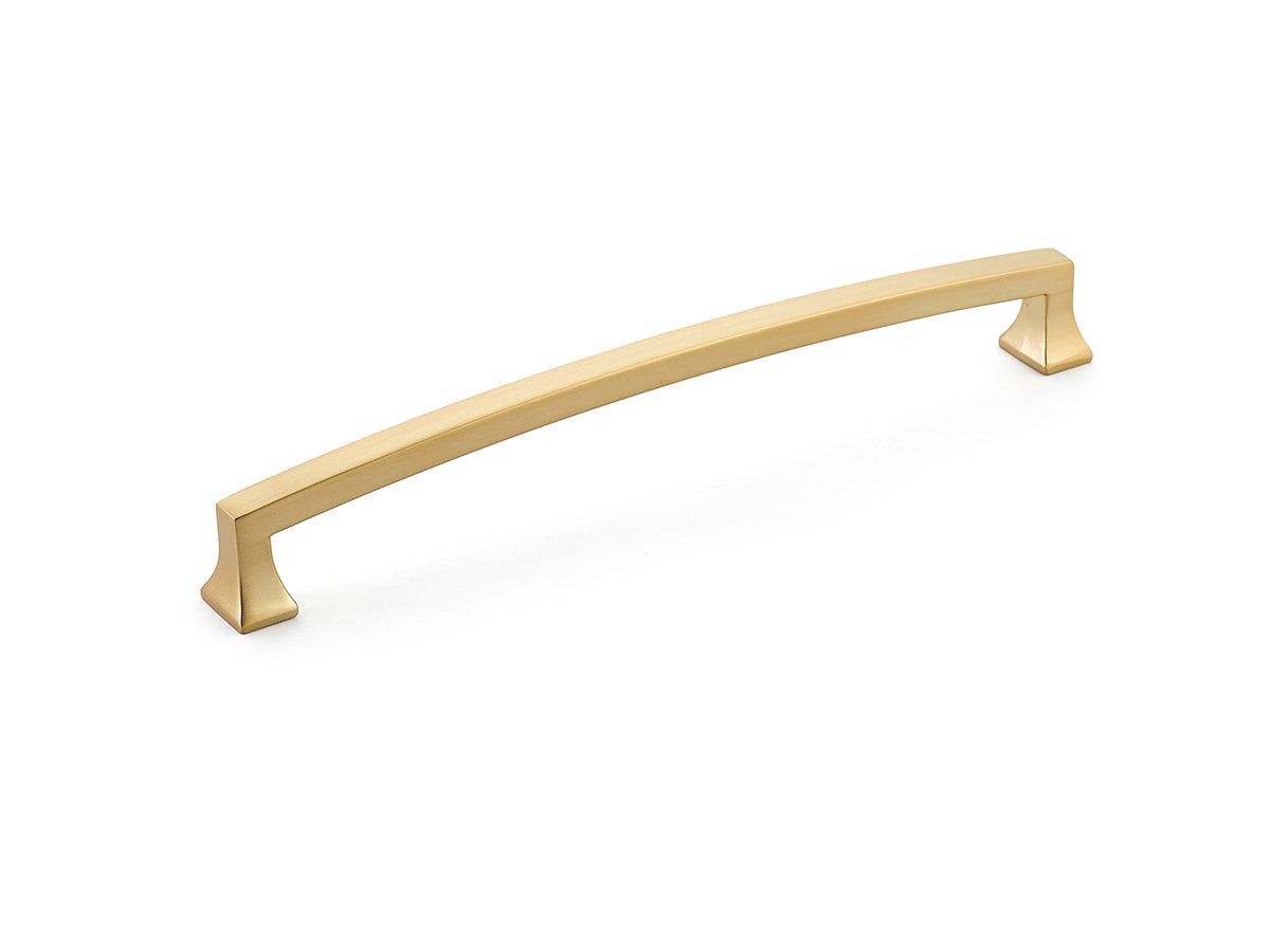 Schaub Menlo Park, Arched Pull, Signature Satin Brass, 8" cc Schaub Hentell Schaub
