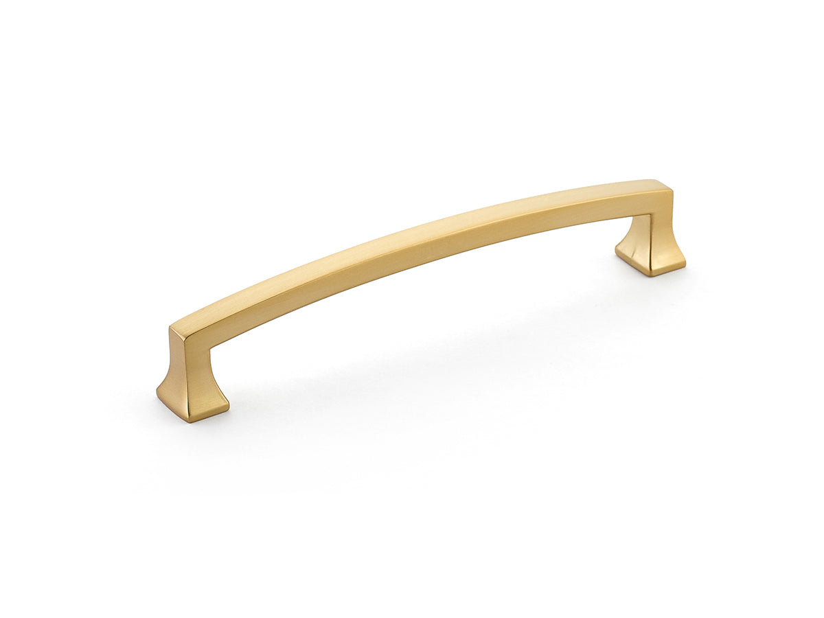 Schaub Menlo Park, Arched Pull, Signature Satin Brass, 6" cc Schaub Hentell Schaub