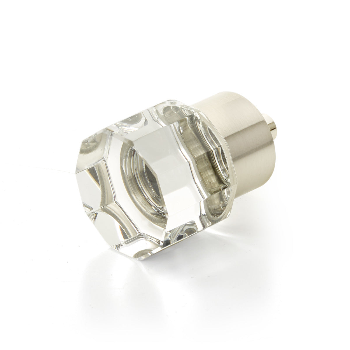 Schaub City Lights, Small Round Multi-Sided Glass Knob with brass base in Satin Nickel Schaub Hentell Schaub