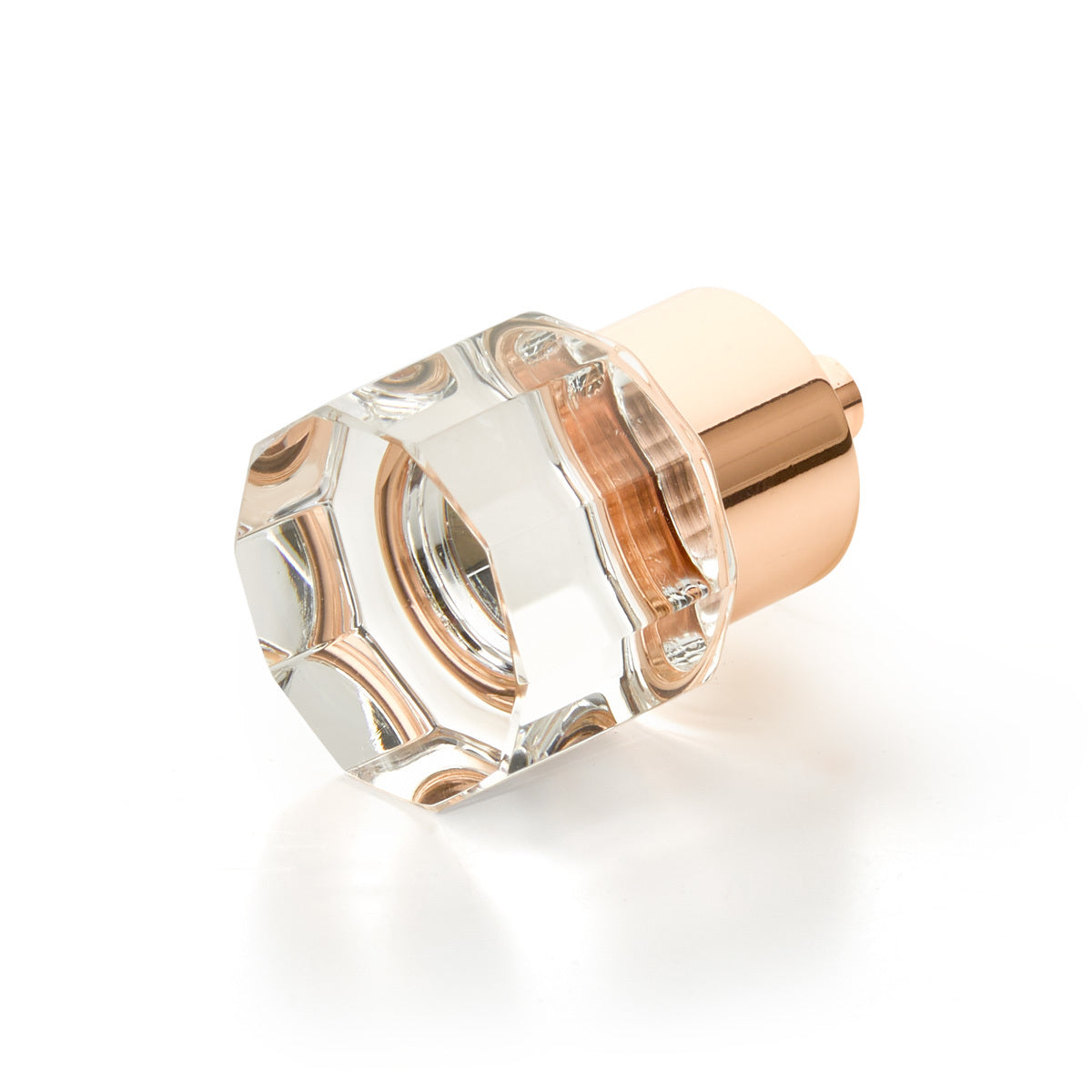 Schaub City Lights, Small Round Multi-Sided Glass Knob with brass base in Polished Rose Gold Schaub Hentell Schaub