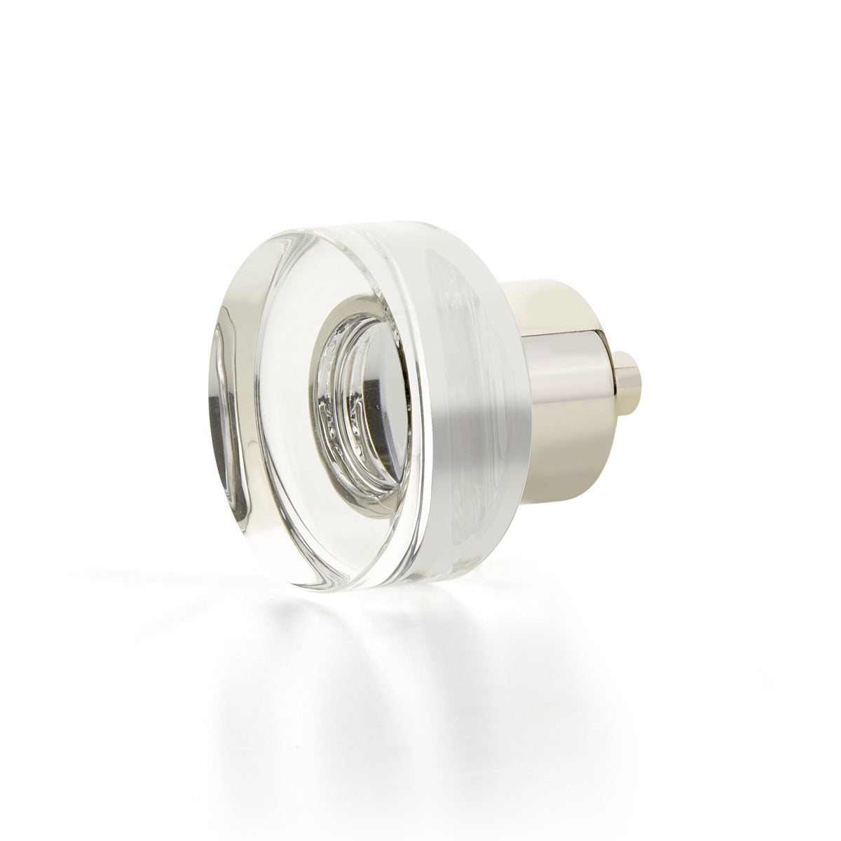 Schaub City Lights, Round Disc Glass Knob with brass base in Polished Nickel Schaub Hentell Schaub