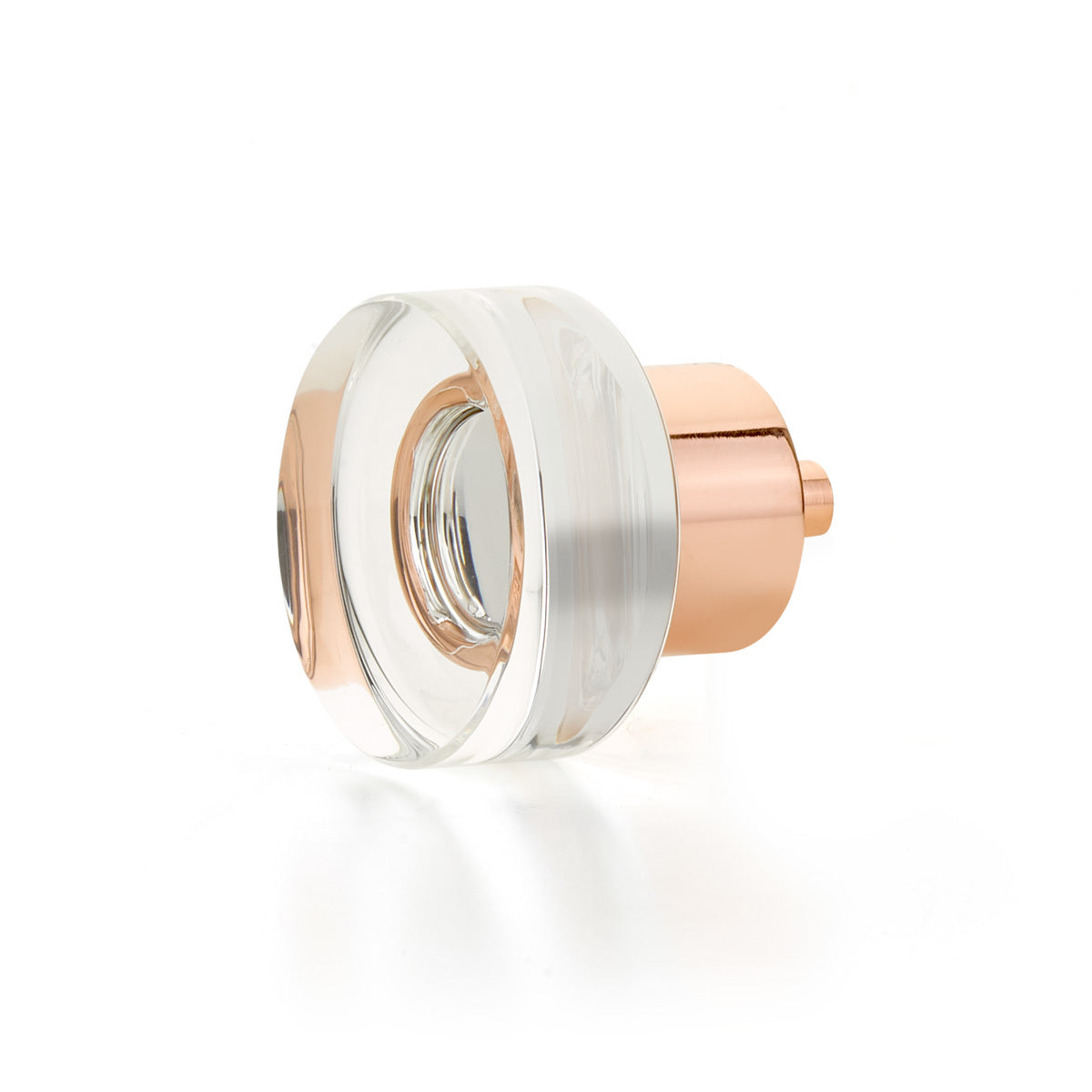 Schaub City LIghts, Round Disc Glass Knob with brass base in Polished Rose Gold Schaub Hentell Schaub