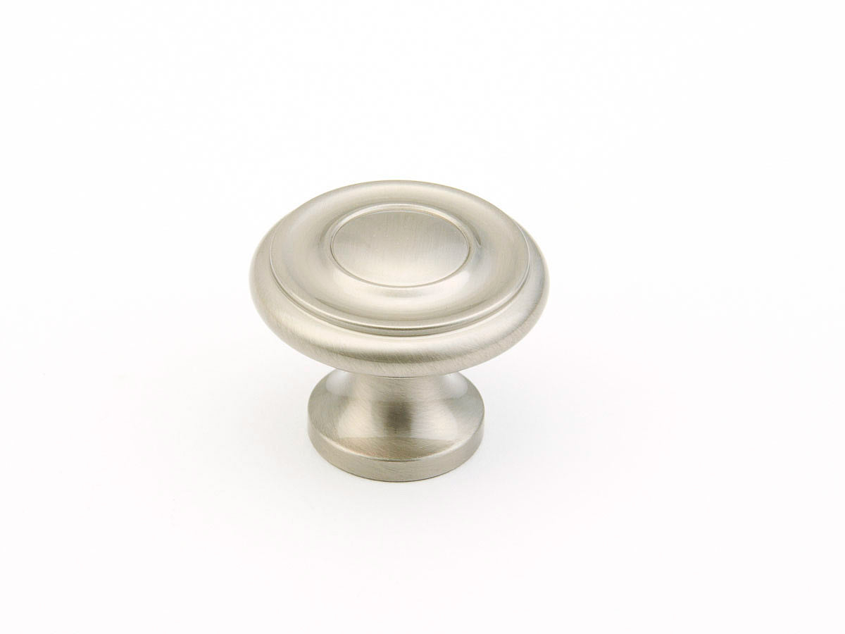 Schaub Traditional / Colonial, Stepped Round Knob, Satin Nickel, 1-1/4" dia Schaub Hentell Schaub