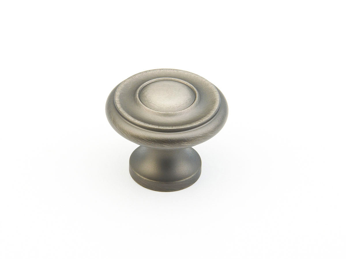 Schaub Traditional / Colonial, Stepped Round Knob, Antique Nickel, 1-1/4" dia Schaub Hentell Schaub