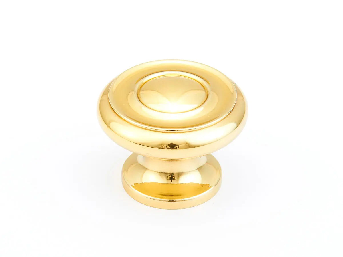 Schaub Traditional, Stepped Round Knob, Polished Brass, 1-1/2" dia Schaub Hentell Schaub