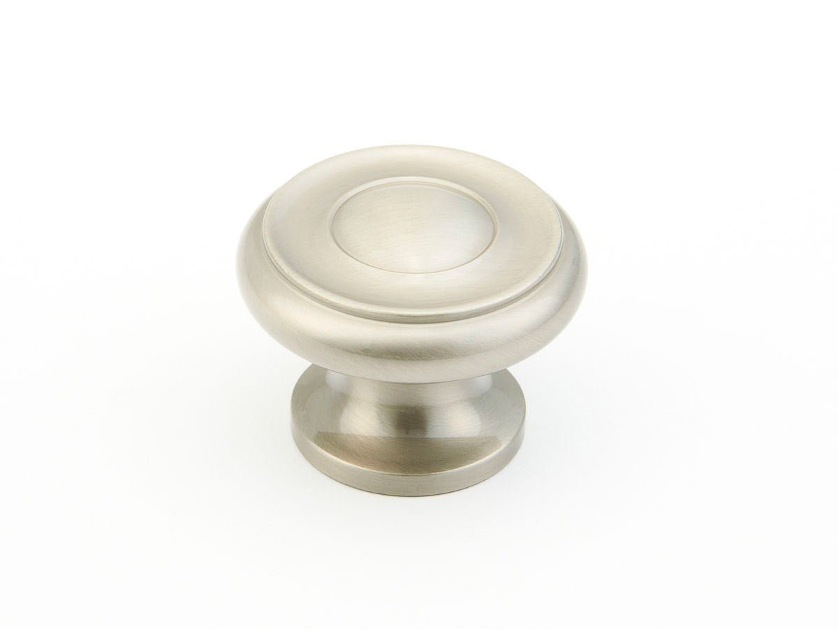 Schaub Traditional / Colonial, Stepped Round Knob, Satin Nickel , 1-1/2" dia Schaub Hentell Schaub
