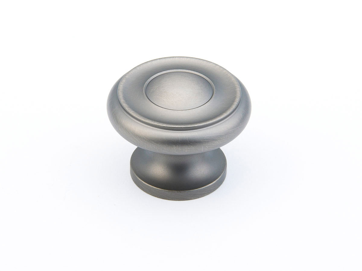 Schaub Traditional / Colonial, Stepped Round Knob, Antique Nickel, 1-1/2" dia Schaub Hentell Schaub