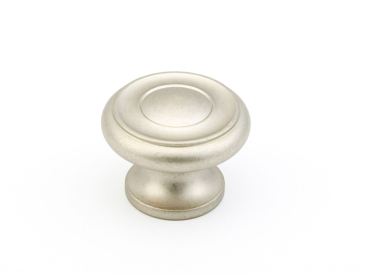 Schaub Traditional, Stepped Round Knob, Distressed Nickel, 1-1/2" dia Schaub Hentell Schaub
