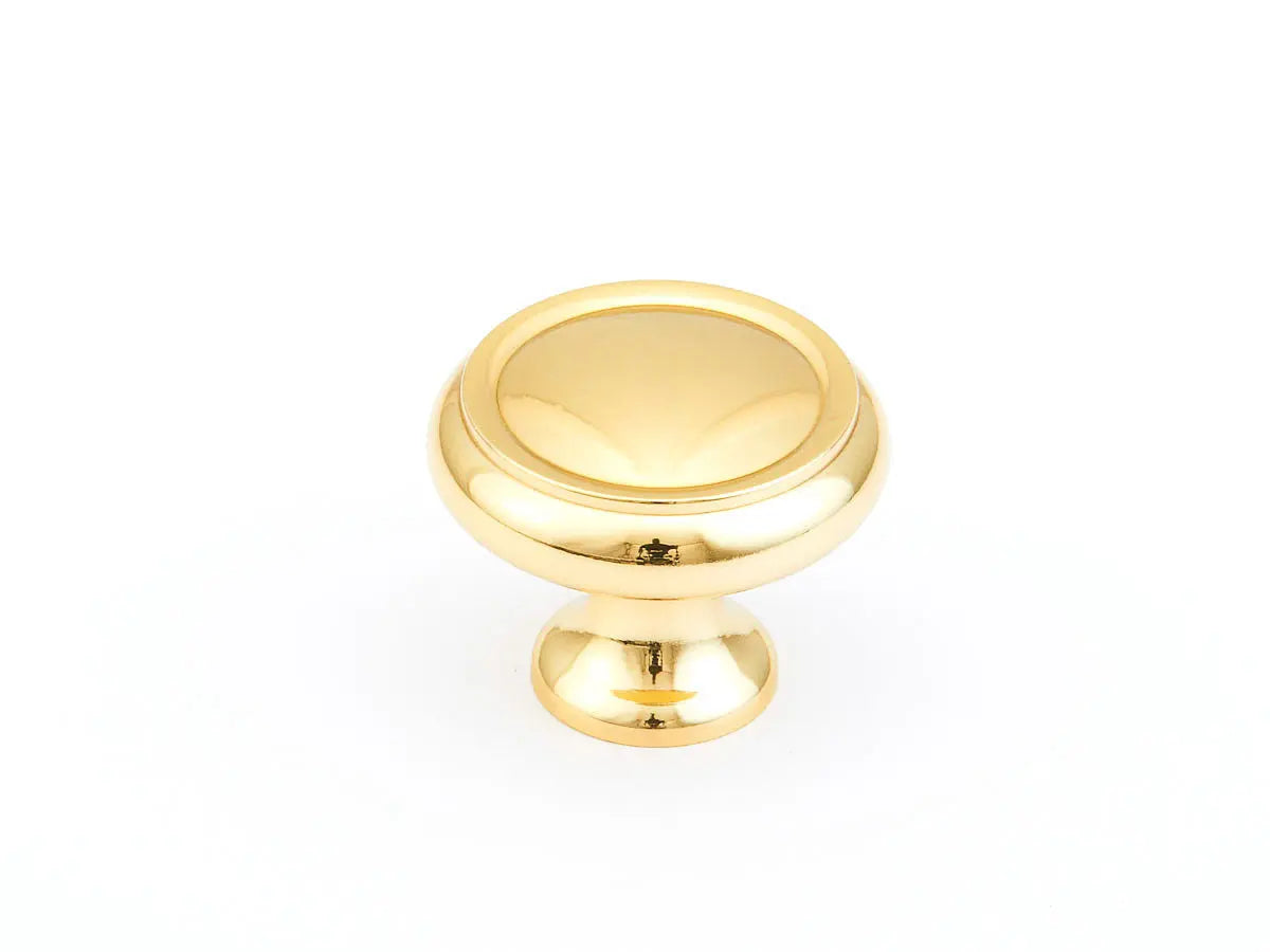 Schaub Traditional, Rimmed Round Knob, Polished Brass, 1-1/4" dia Schaub Hentell Schaub