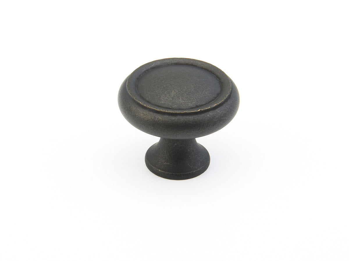 Schaub Traditional, Rimmed Round Knob, Distressed Bronze, 1-1/4" dia Schaub Hentell Schaub