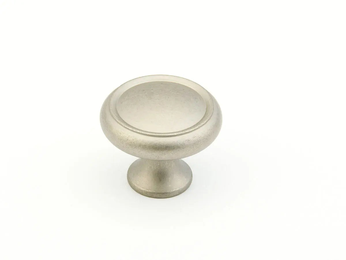 Schaub Traditional, Rimmed Round Knob, Distressed Nickel, 1-1/4" dia Schaub Hentell Schaub