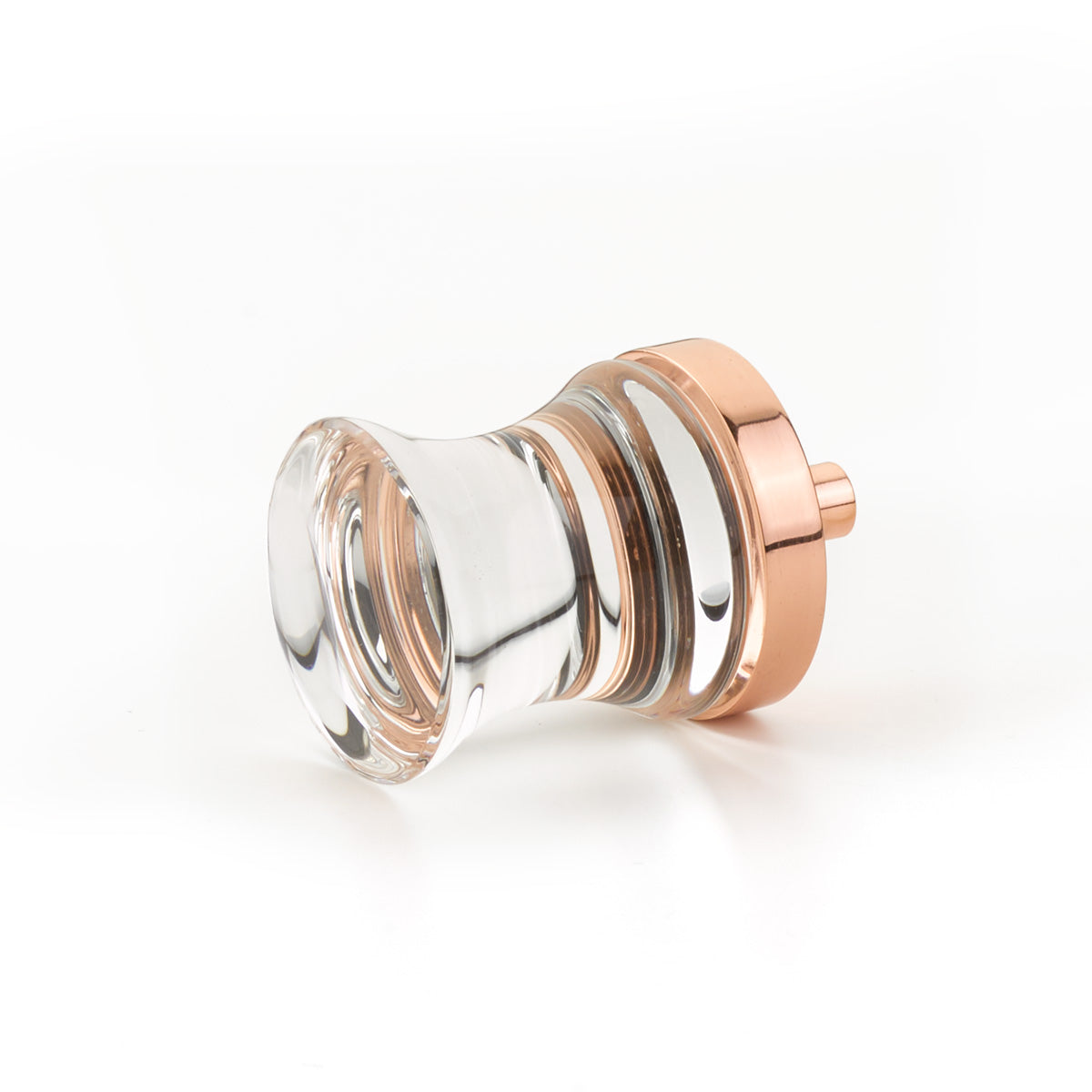 Schaub City Lights, Knob, Clear, Concave Glass, Polished Rose Gold base. Schaub Hentell Schaub