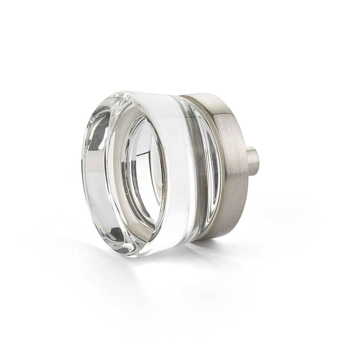 Schaub City Lights, Knob, Clear, Flat Disc Glass, Satin Nickel base. Schaub Hentell Schaub