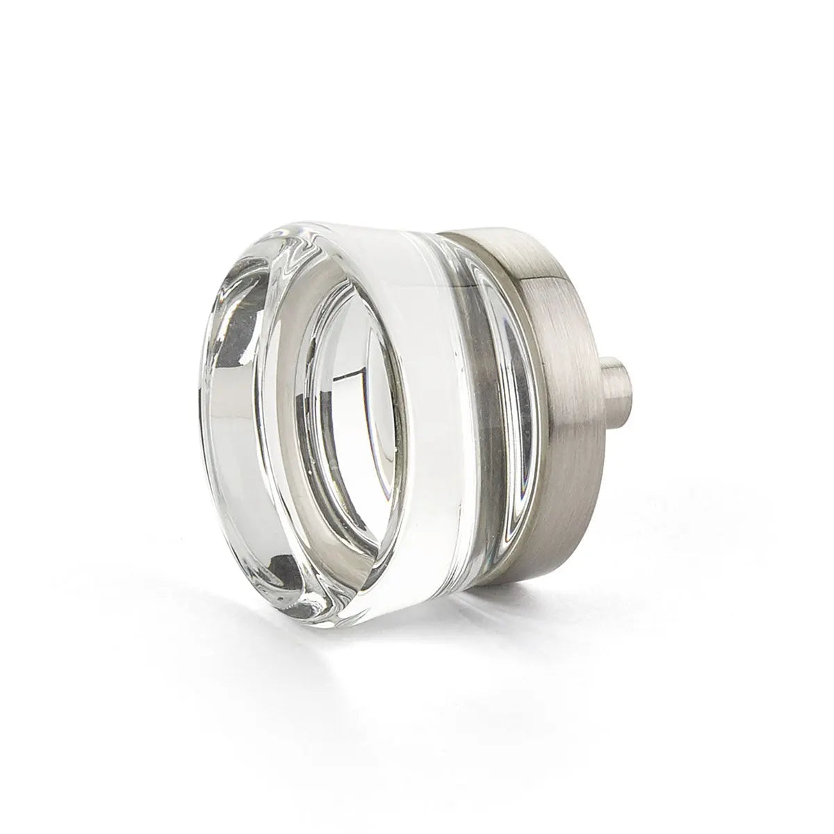 Schaub City Lights, Knob, Clear, Flat Disc Glass, Satin Nickel base. Schaub Hentell Schaub