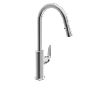 Style single-lever kitchen faucet with swivel spout and pull-down spray, stainless steel finish