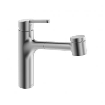 Edge single-lever kitchen faucet with swivel spout; pull-out spray, stainless steel finish