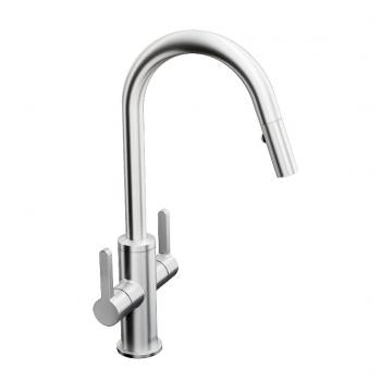 Edge two-lever handle kitchen faucet with swivel spout and pull-down spray, stainless steel finish