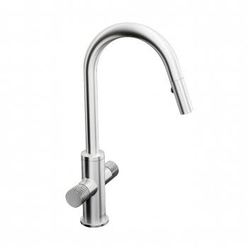 Edge two-knurl handle kitchen faucet with swivel spout and pull-down spray, stainless steel finish