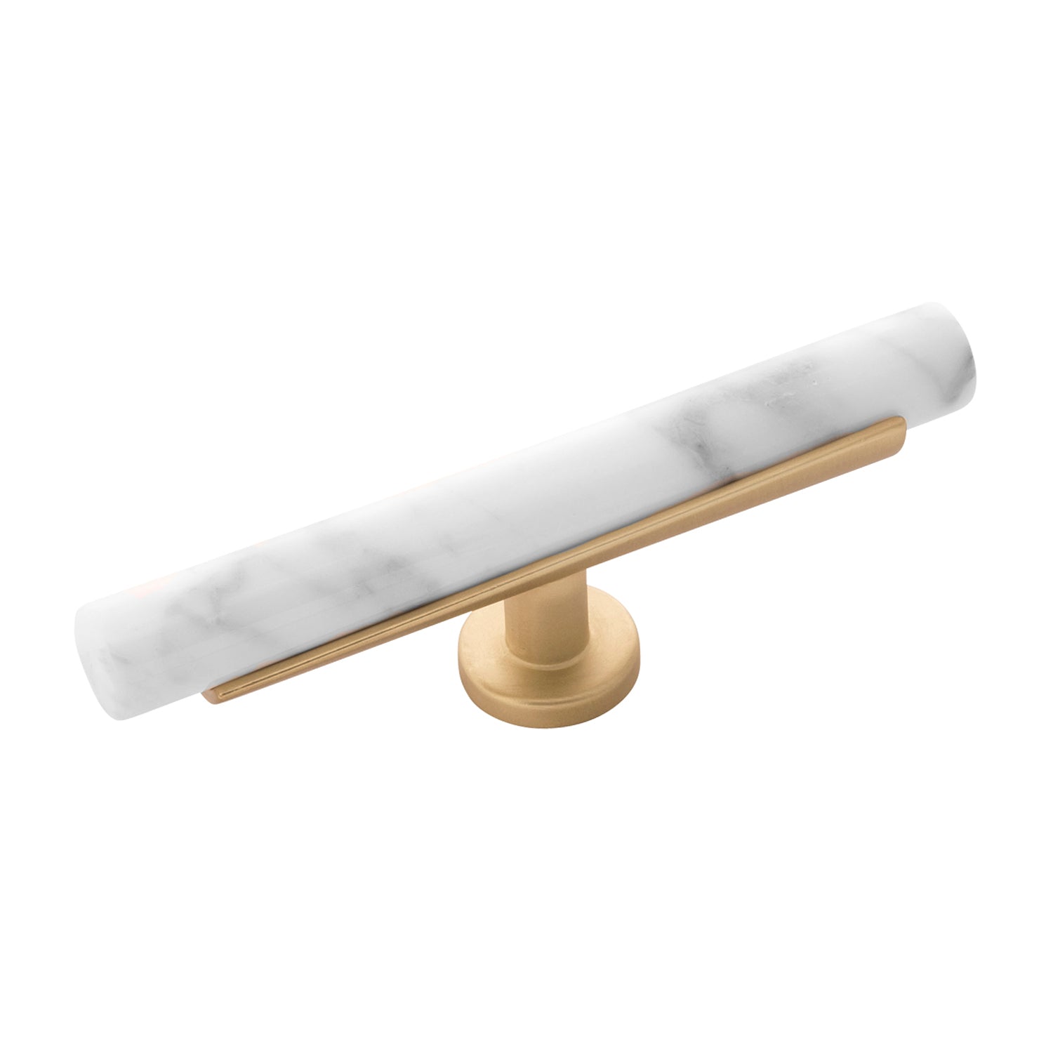 Belwith Keeler 5 Inch x 1 Inch Firenze T-Knob - White Marble with Brushed Golden Brass