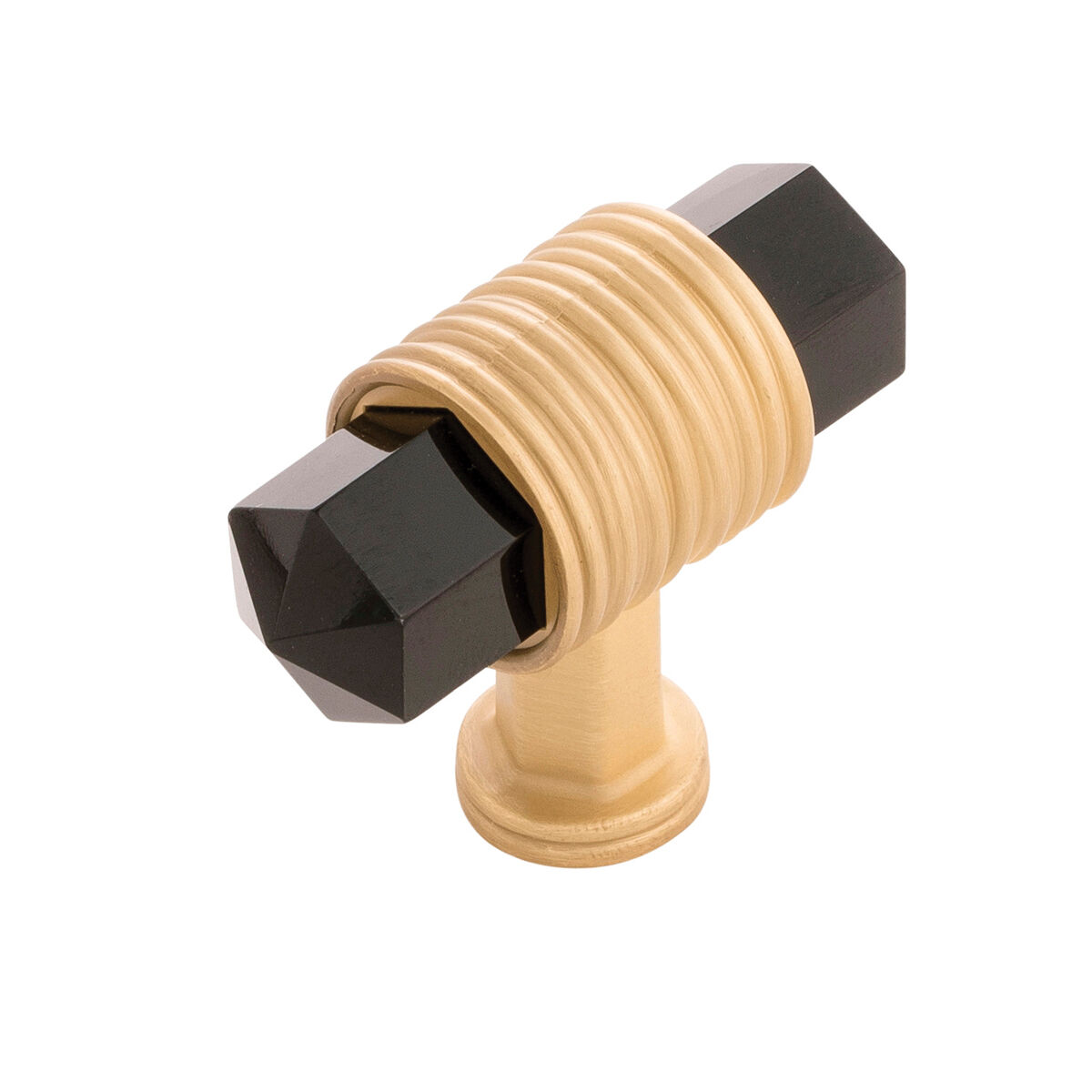 Belwith Keeler 1-7/8 Inch x 3/4 Inch Chrysalis T-Knob - Brushed Golden Brass with Opaque Black Glass