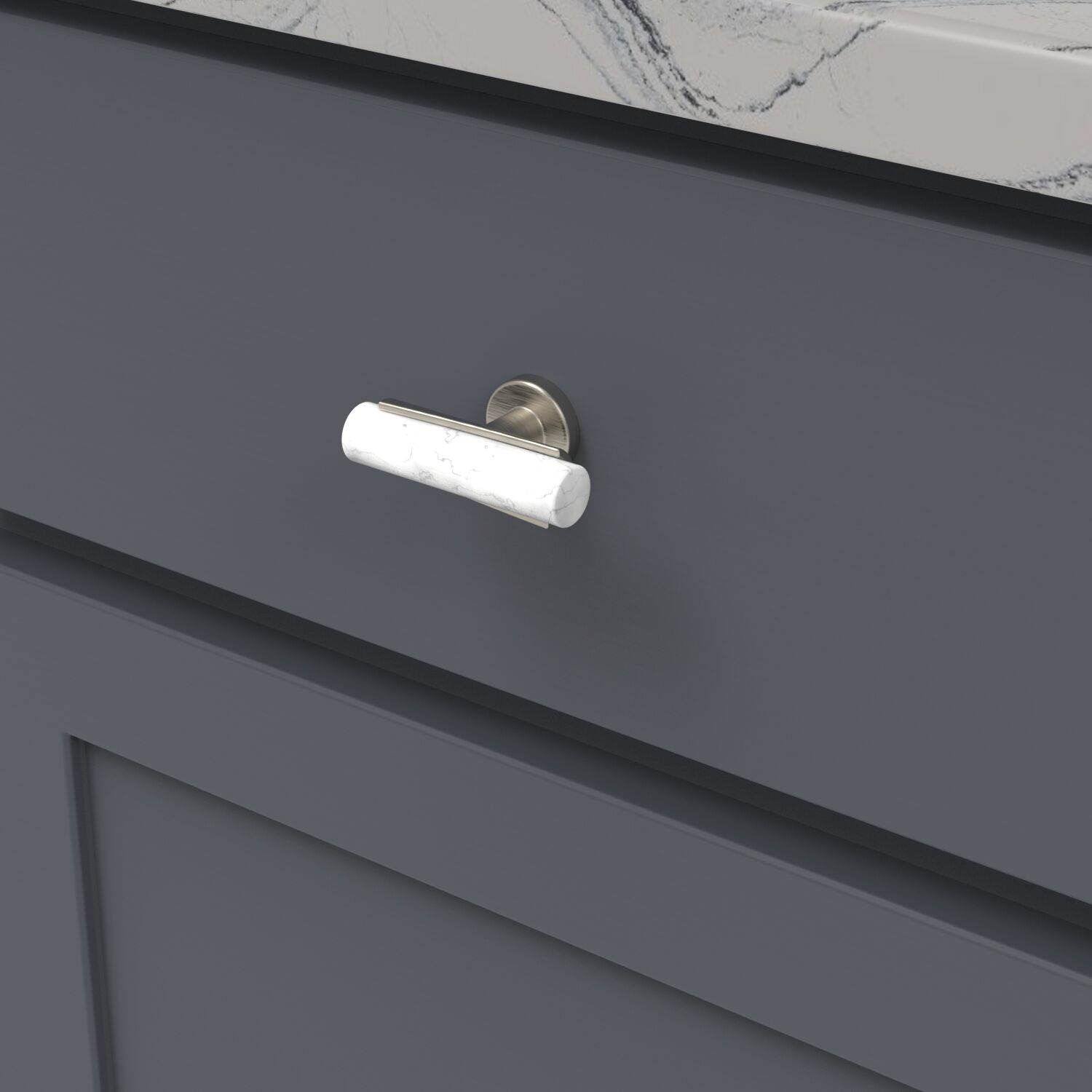 Belwith Keeler 2-1/2 Inch x 1 Inch Firenze T-Knob - White Marble with Satin Nickel
