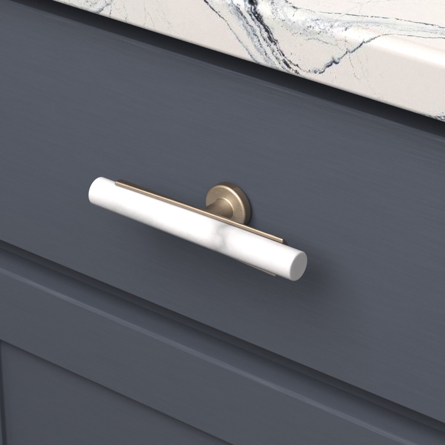 Belwith Keeler 5 Inch x 1 Inch Firenze T-Knob - White Marble with Champagne Bronze