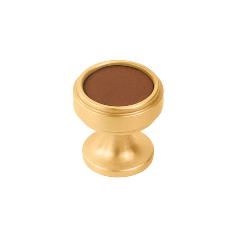 Belwith Keeler 1-1/4 Inch Diameter Reserve Round Knob - Brushed Golden Brass with Brown Leather