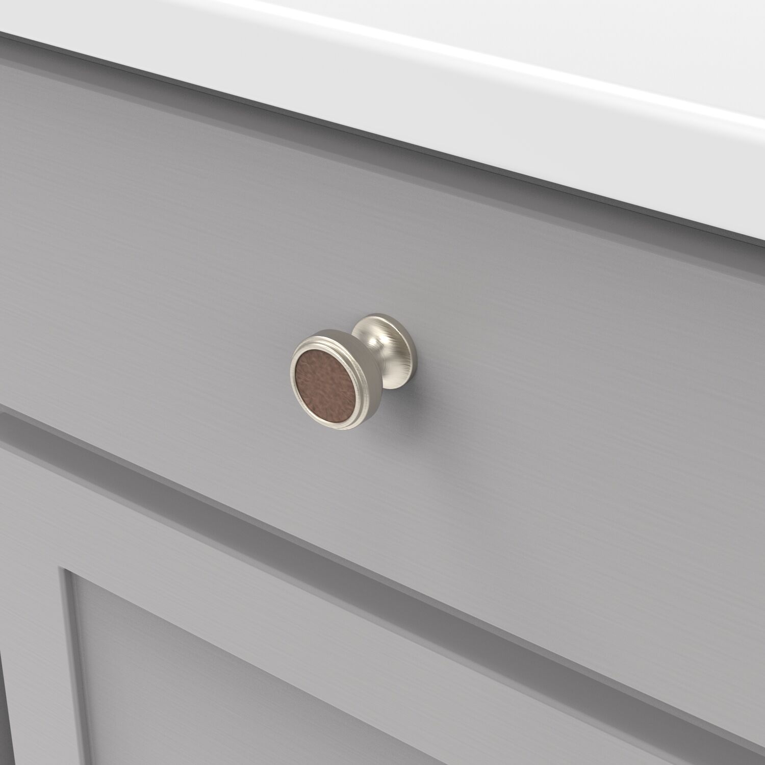 Belwith Keeler 1-1/4 Inch Diameter Reserve Round Knob - Satin Nickel with Brown Leather