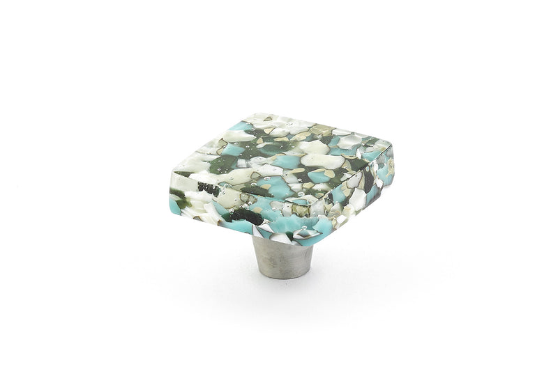 Schaub Ice, Knob, Glass, Square, Green Blue Pebbles, 1-1/2" dia.