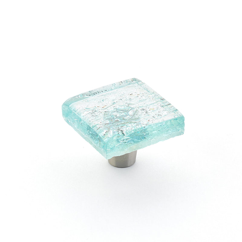 Schaub Ice, Knob, Glass, Square, Pearl Aqua, 1-1/2" dia.