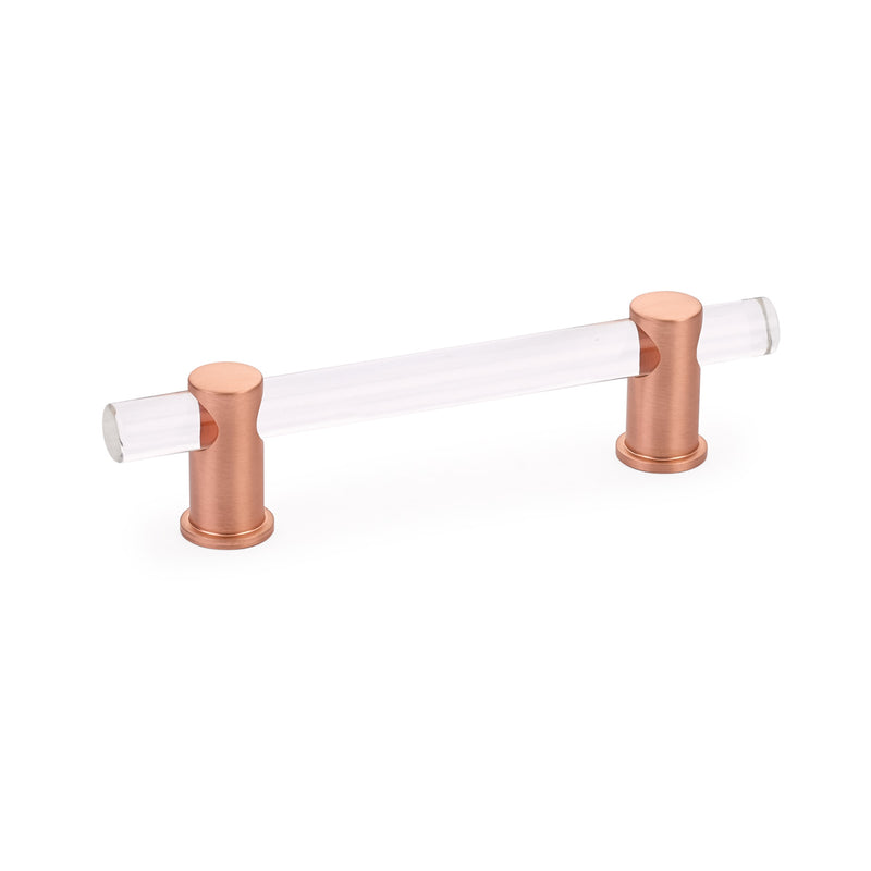 Schaub Lumiere, adjustable acrylic bar pull, 4" cc, with Brushed Rose Gold stems