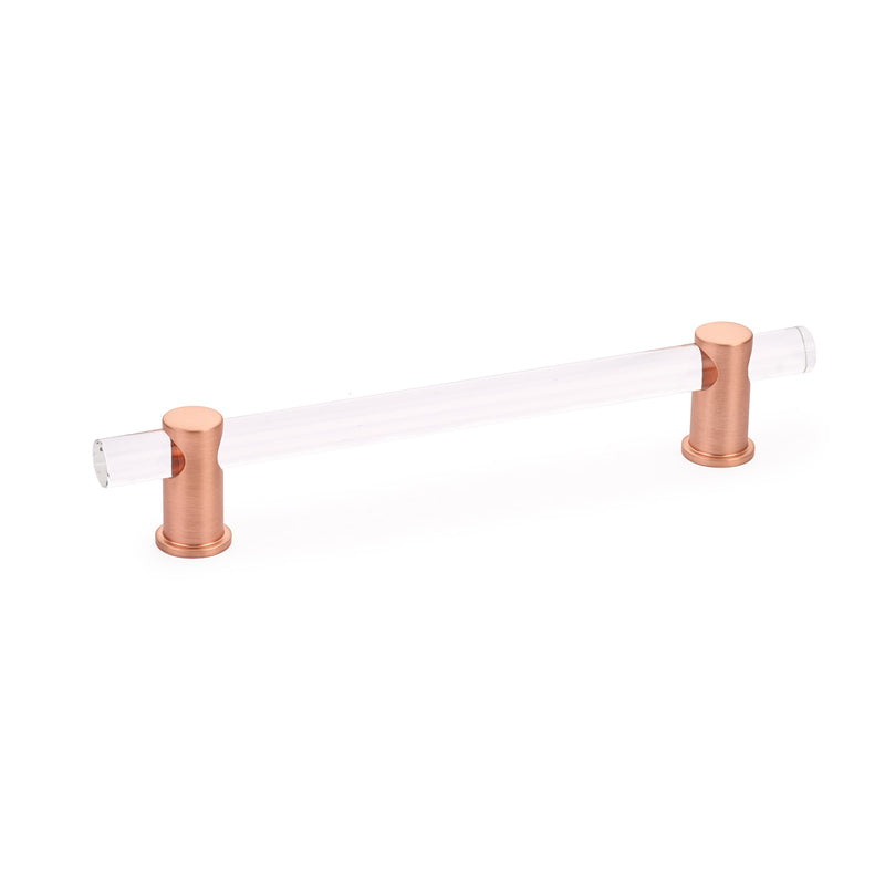 Schaub Lumiere, adjustable acrylic bar pull, 6" cc, with Brushed Rose Gold stems