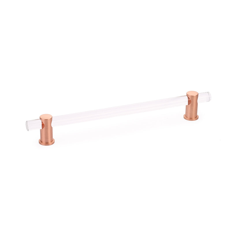 Schaub Lumiere, adjustable acrylic bar pull, 8" cc, with Brushed Rose Gold stems