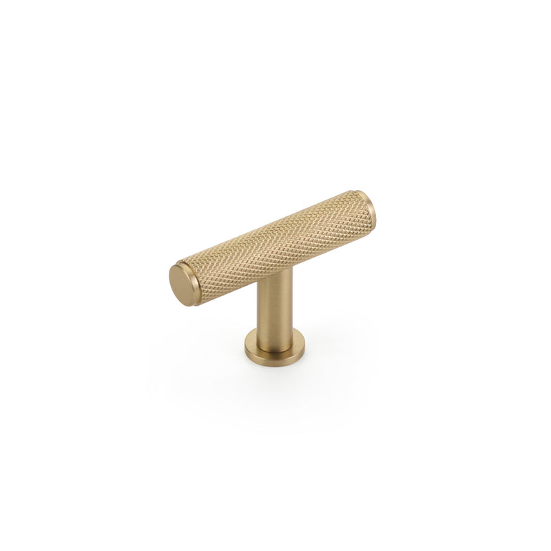 Schaub Pub House, T-Knob, Knurled, Signature Satin Brass, 2"