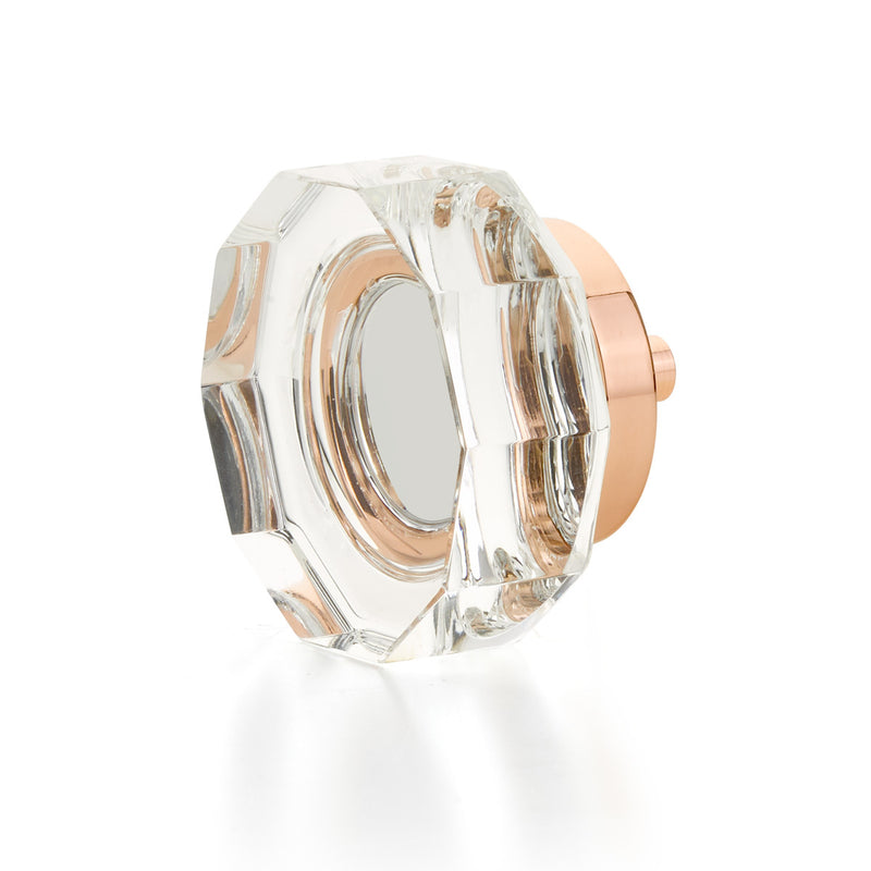 Schaub City Lights, Large Round Multi-Sided Glass knob with brass base in Polished Rose Gold