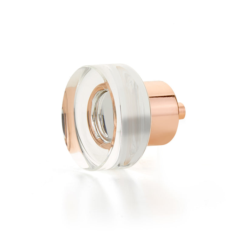 Schaub City LIghts, Round Disc Glass Knob with brass base in Polished Rose Gold