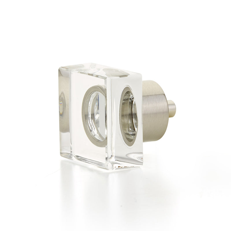 Schaub City Lights, Square Glass Knob with brass base in Satin Nickel