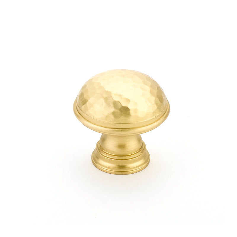 Schaub Atherton, Knob, Hammered, Plain Edges, Satin Brass, 1-1/4"