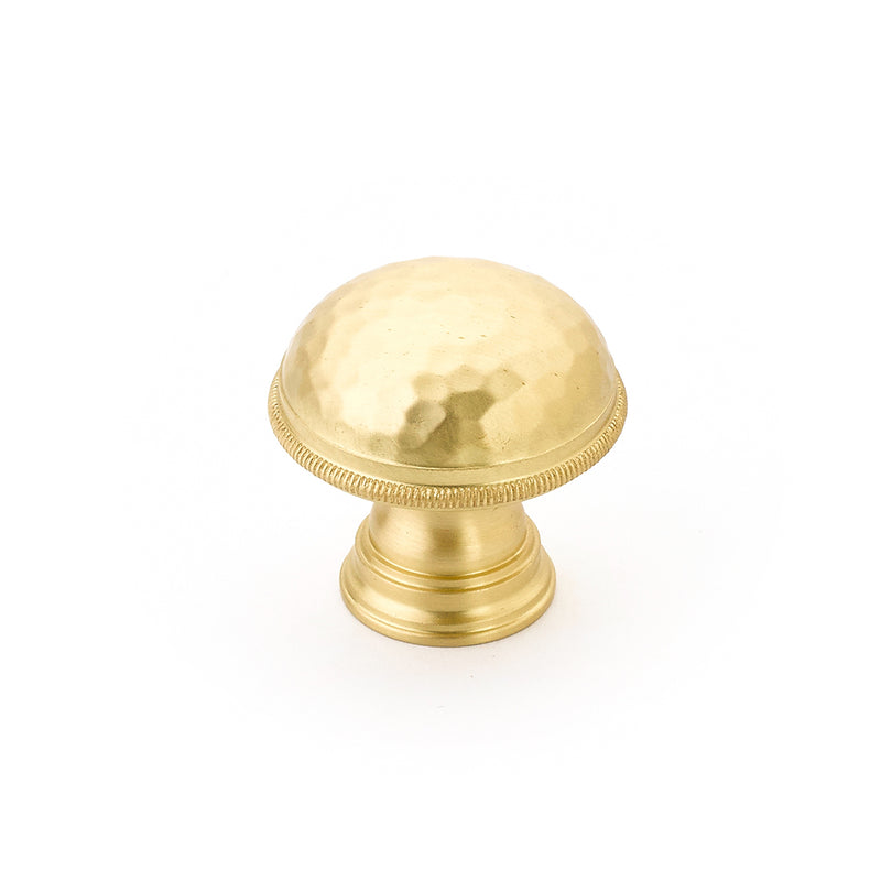 Schaub Atherton, Knob, Hammered, Knurled Edges, Satin Brass, 1-1/4"