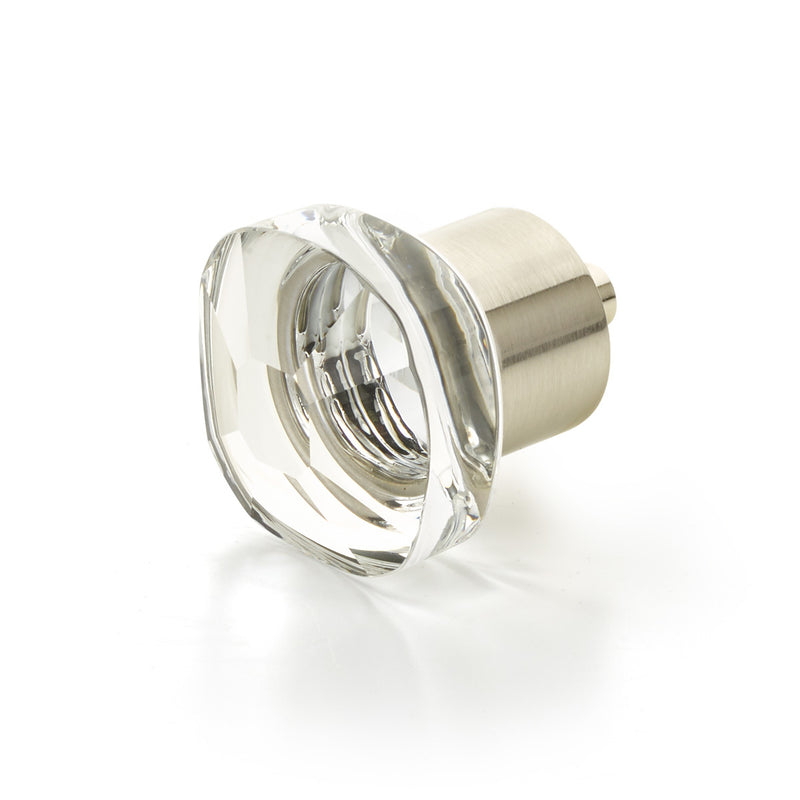 Schaub City Lights, Soft Square Glass Knob with brass base in Satin Nickel